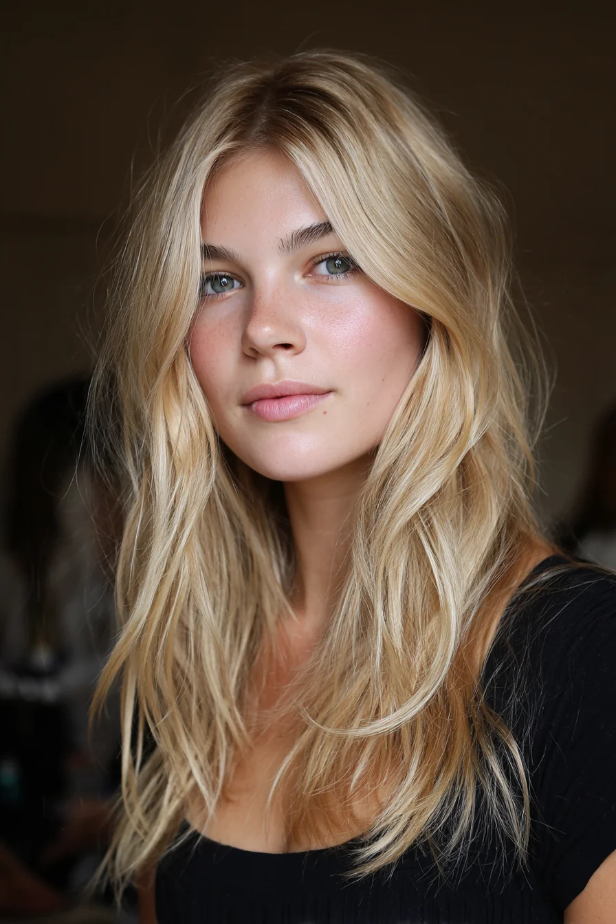 Long Layered Blonde with Face‑Framing Curtain Part and Beachy Waves