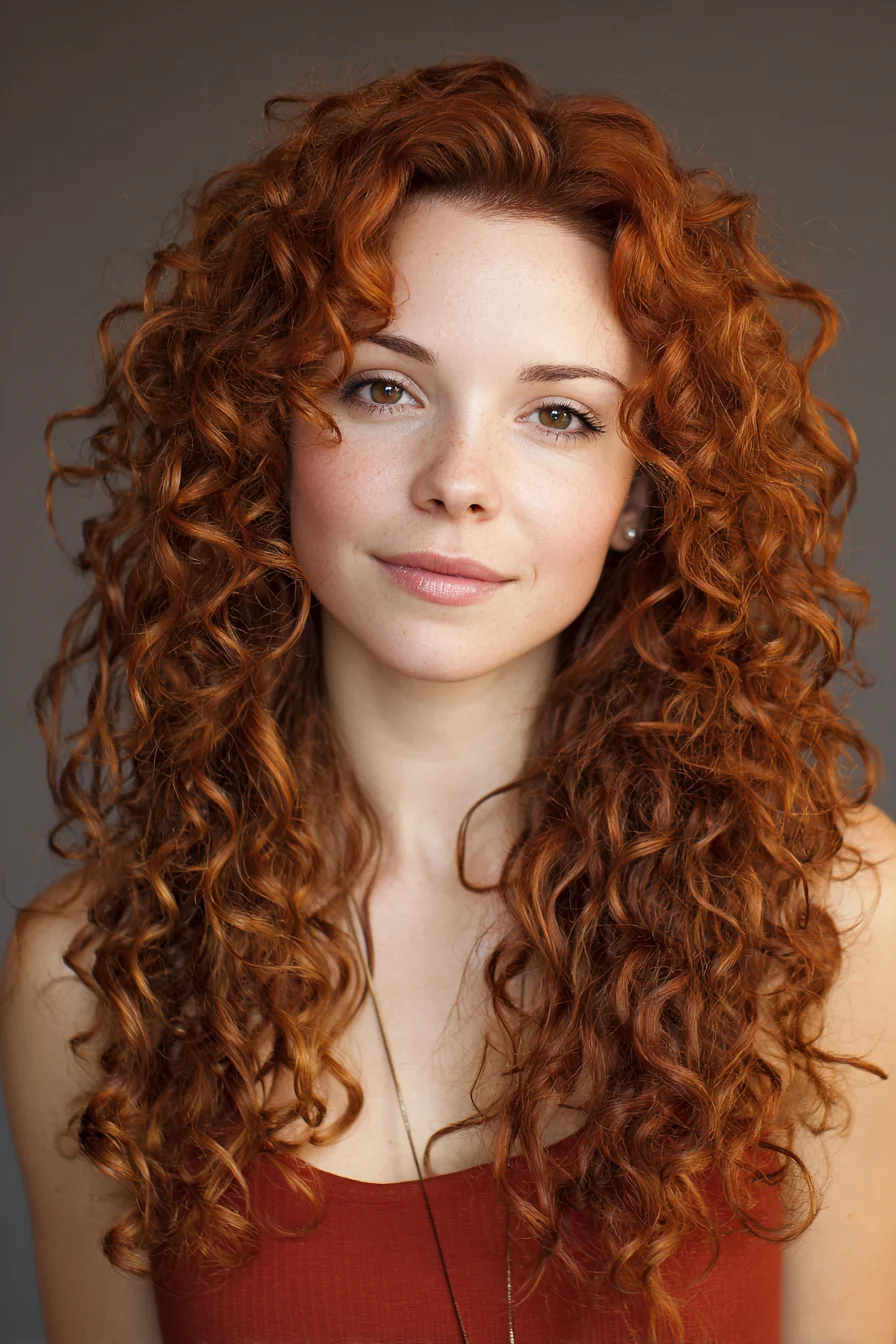 Long Layered Curly Hair with Face‑Framing Ringlets — Natural Red Curls