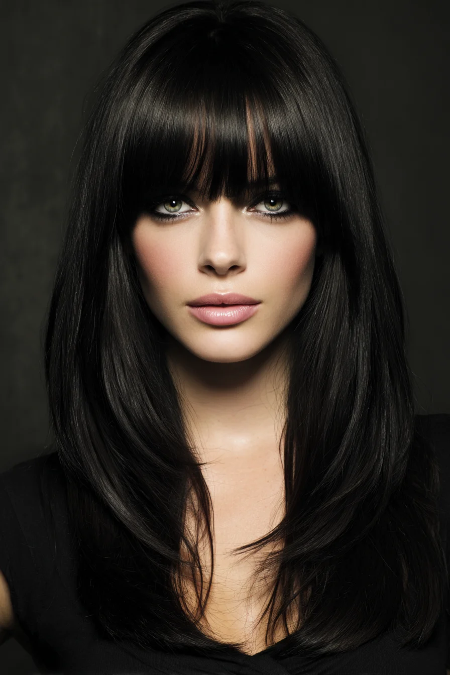 Long Layered Cut with Blunt Fringe and Sleek Smooth Finish