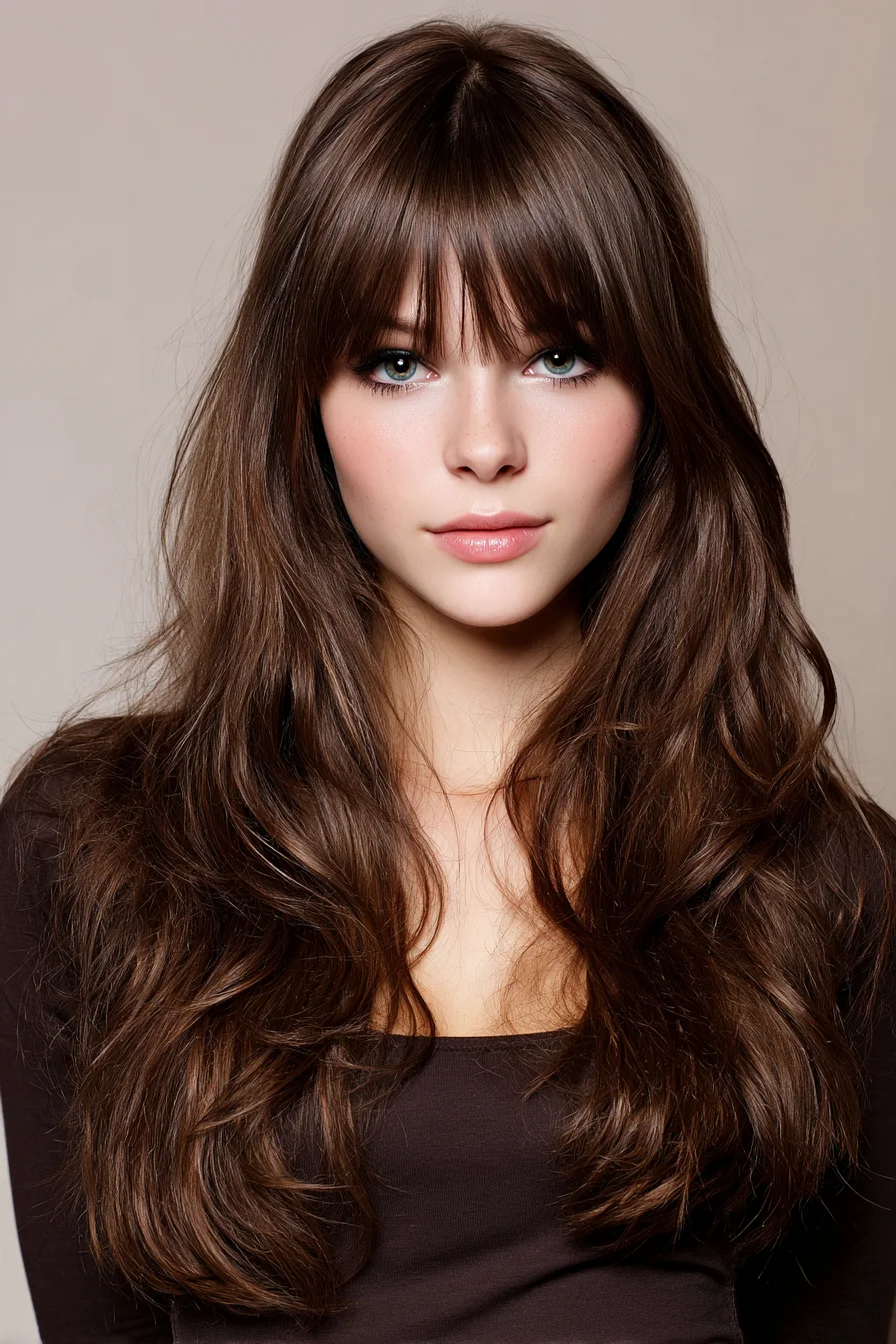 Long Layered Cut with Curtain Bangs and Soft Waves