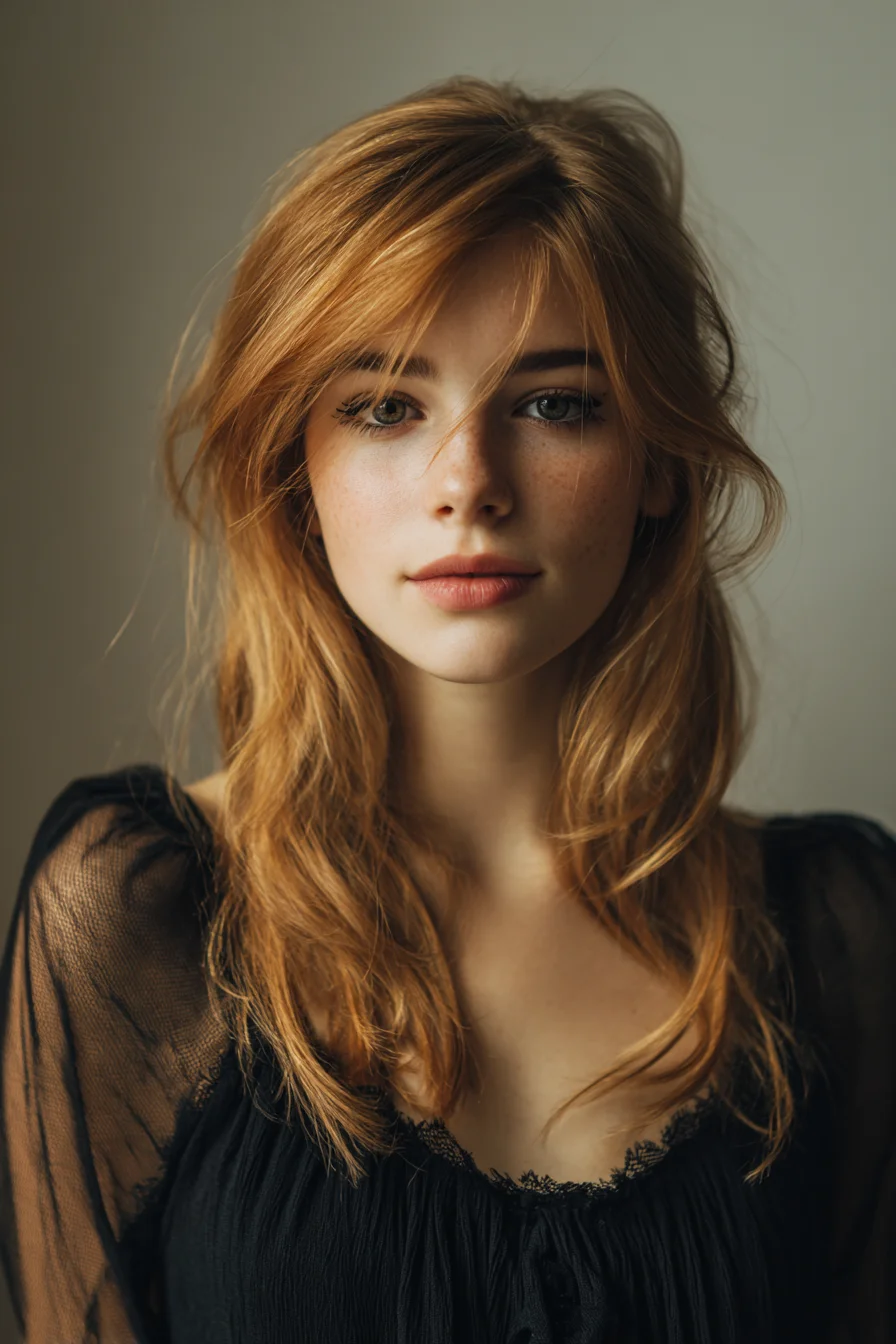 Long Layered Cut with Curtain Bangs and Tousled Texture