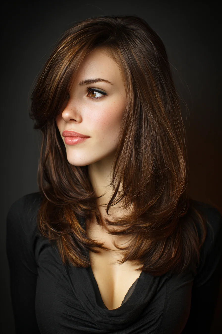 Long Layered Cut with Face‑Framing Layers and Soft Side‑Swept Bangs