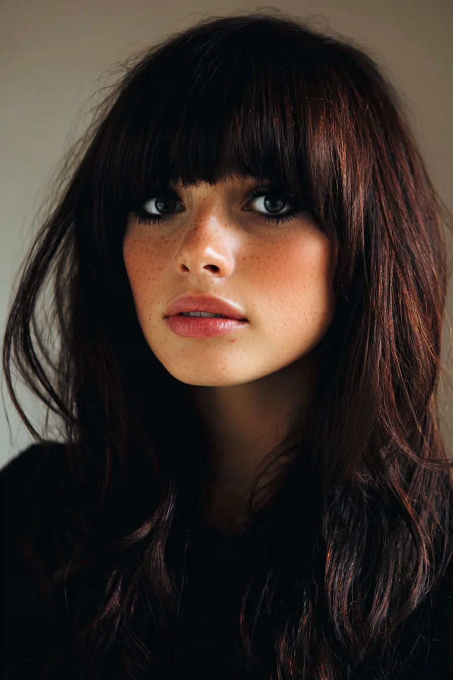 Long Layered Dark Brown Hair with Blunt Full Bangs