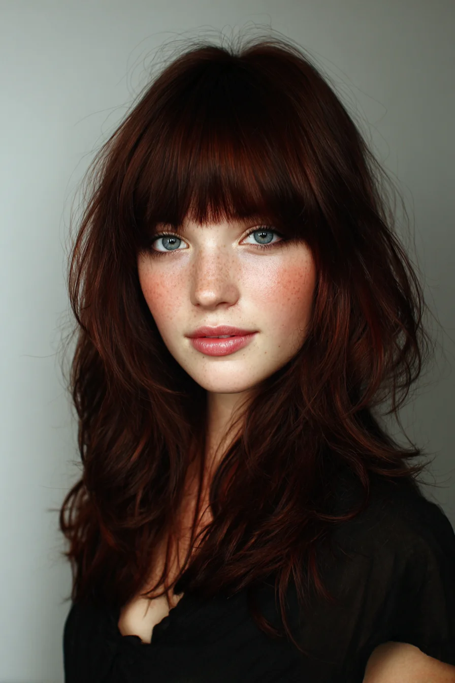 Long Layered Shag with Full Blunt Fringe and Soft Textured Waves