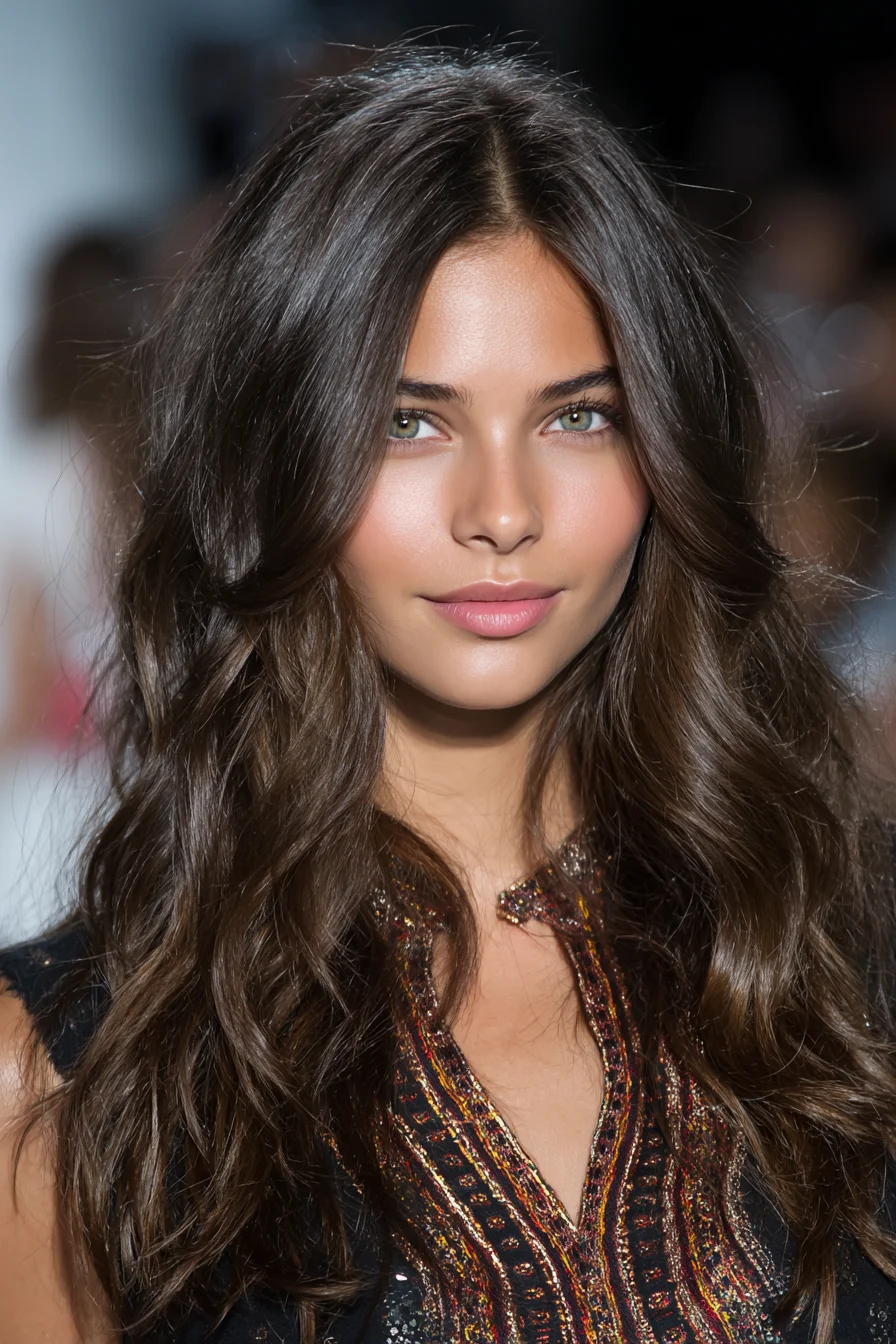 Long Layered Soft Waves with Center Part and Face‑Framing Layers