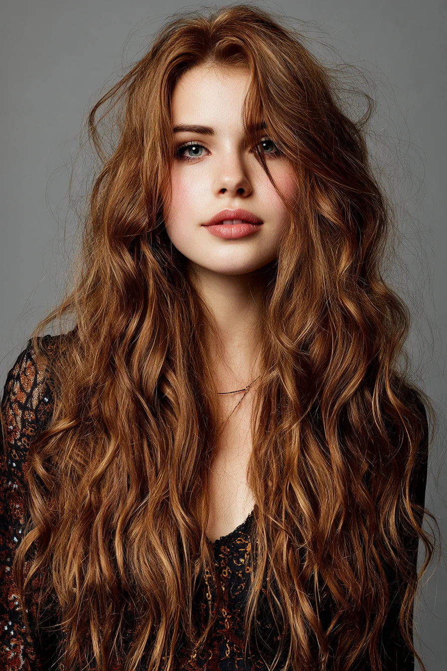 Long Layered Tousled Waves with Curtain Fringe