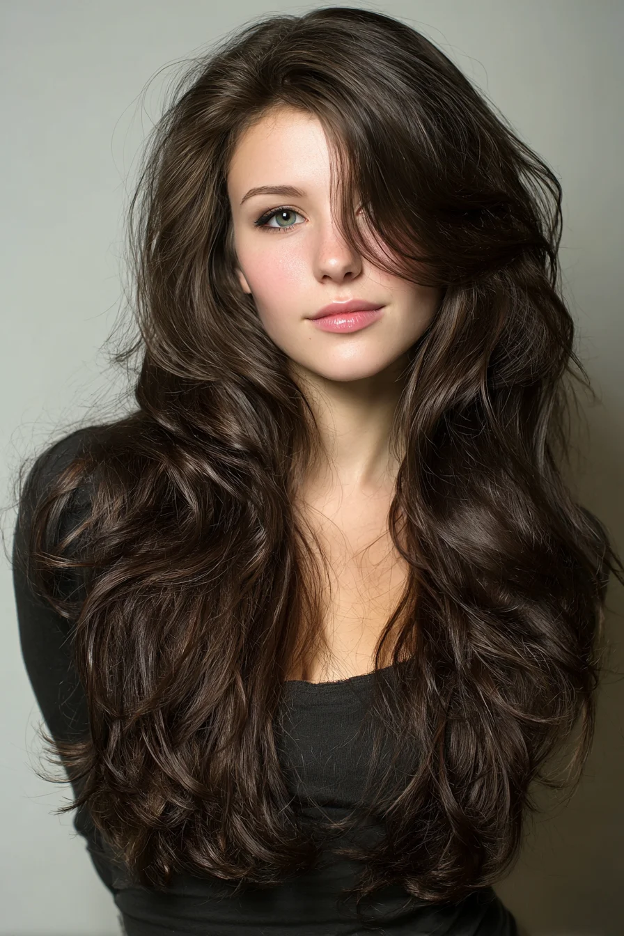 Long Layered Voluminous Waves with Face‑Framing Curtain Layers