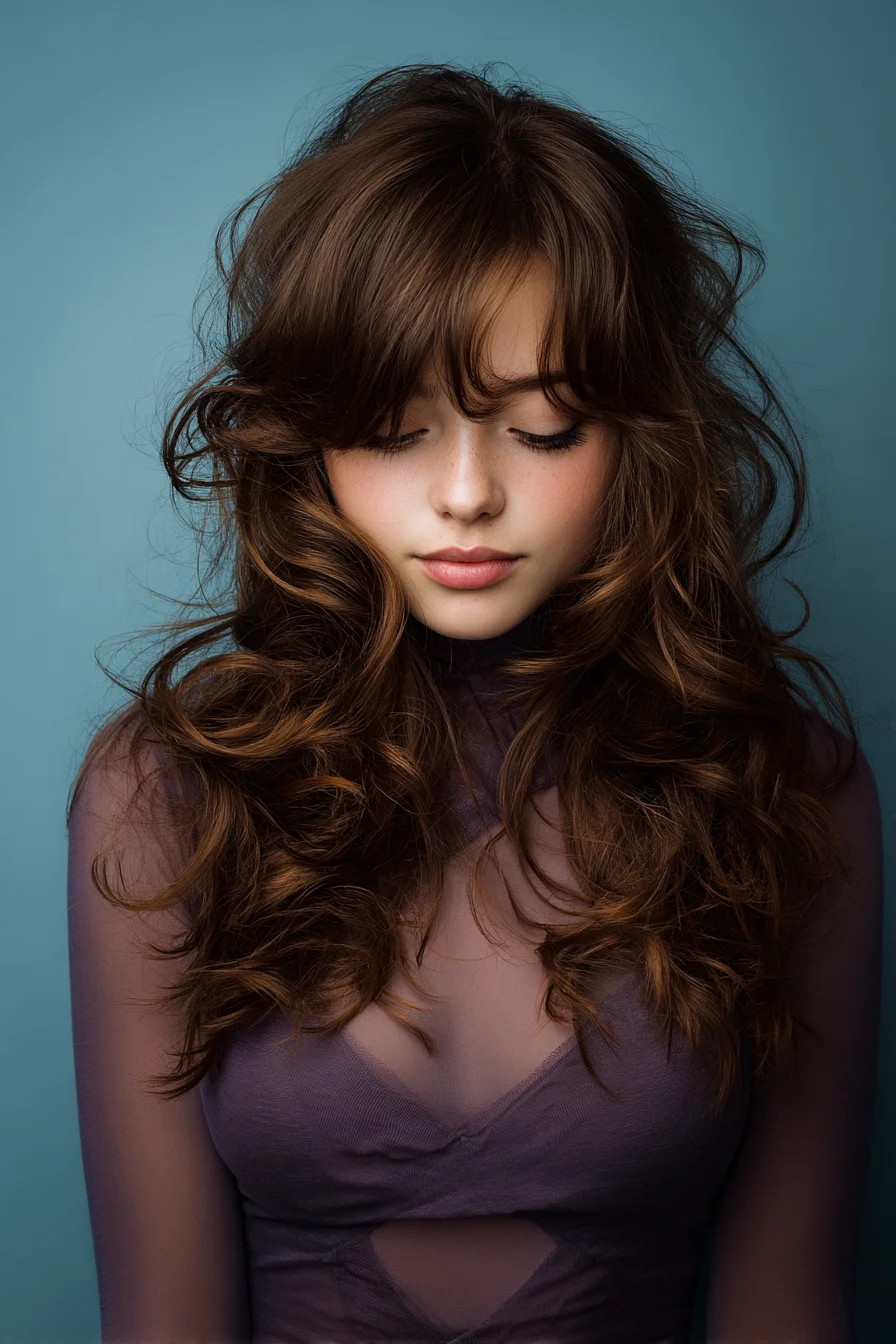 Long Layered Waves with Curtain Bangs - Voluminous Textured Style