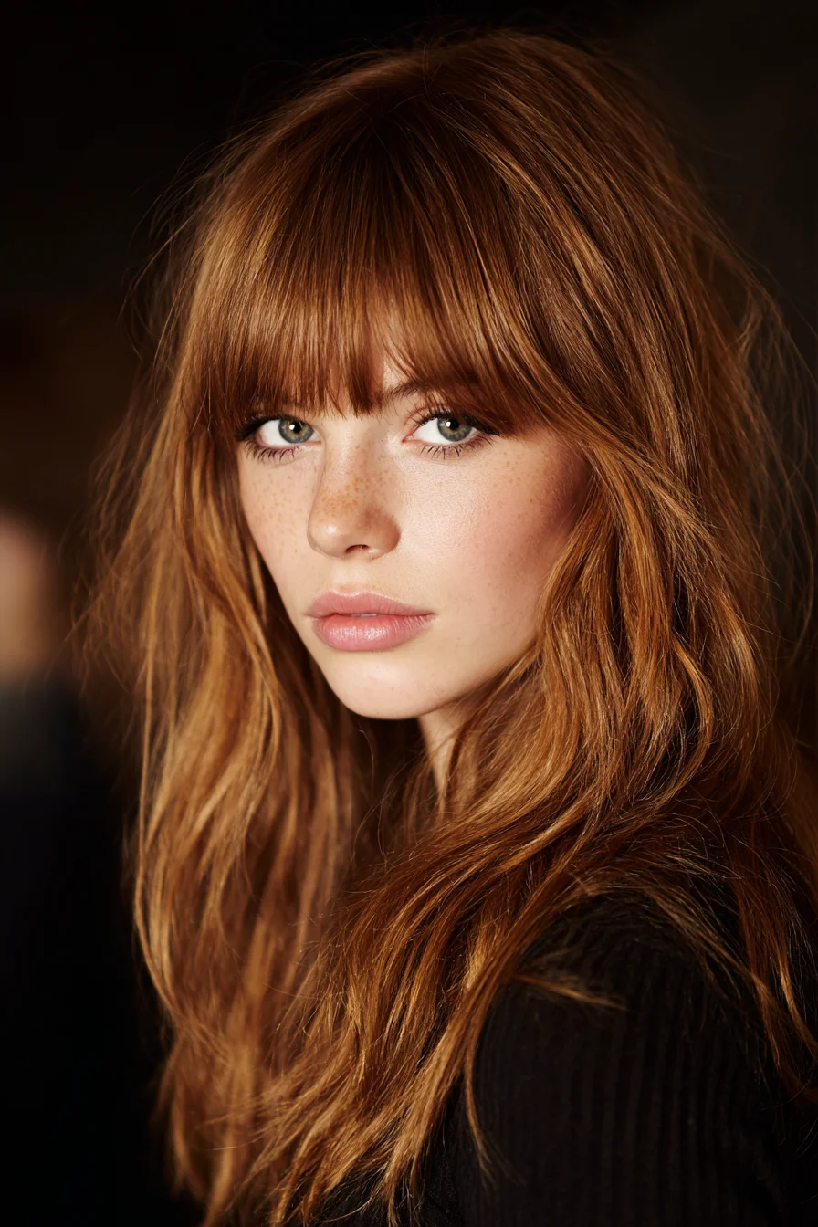 Long Layered Waves with Textured Blunt Fringe — Soft Copper Finish