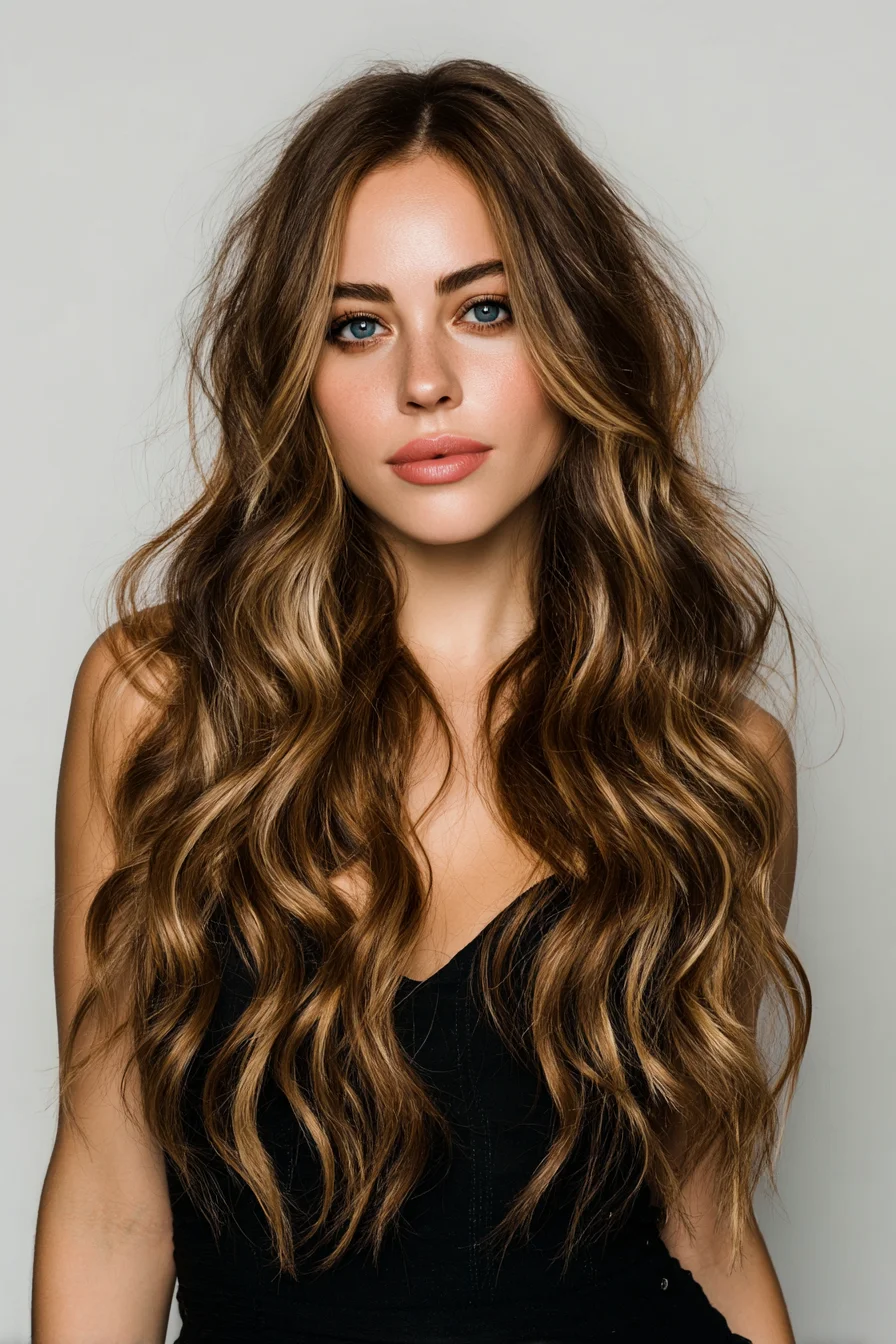 Long Loose Beach Waves with Caramel Balayage and Face‑Framing Layers