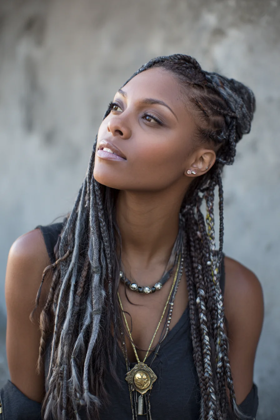 Long Mixed Braids & Faux Locs Half‑Up Bun — Box Braids, Microbraids, and Wrapped Locs
