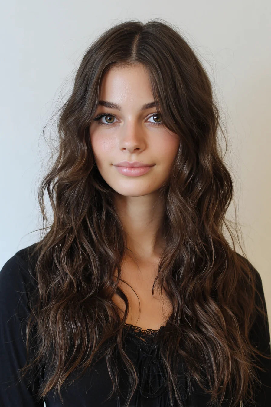 Long Textured Beach Waves with Center Part and Face‑Framing Layers