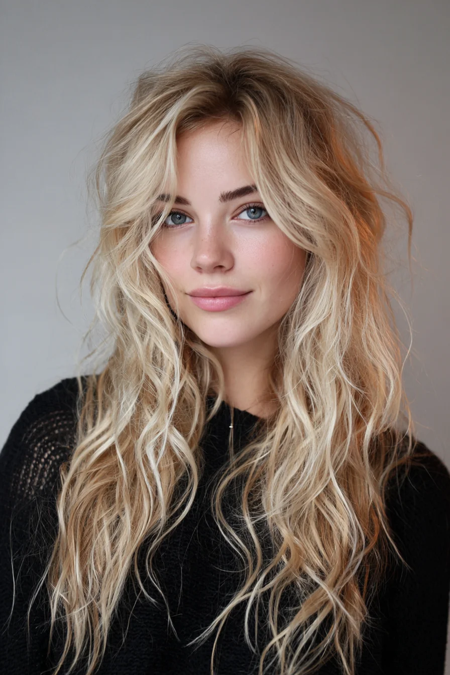 Long Textured Beach Waves with Curtain Bangs
