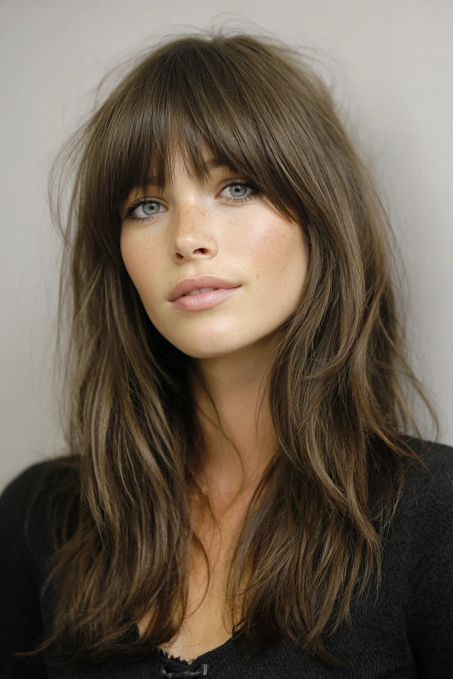 Long Textured Layers with Full Blunt Fringe — Soft Tousled Finish