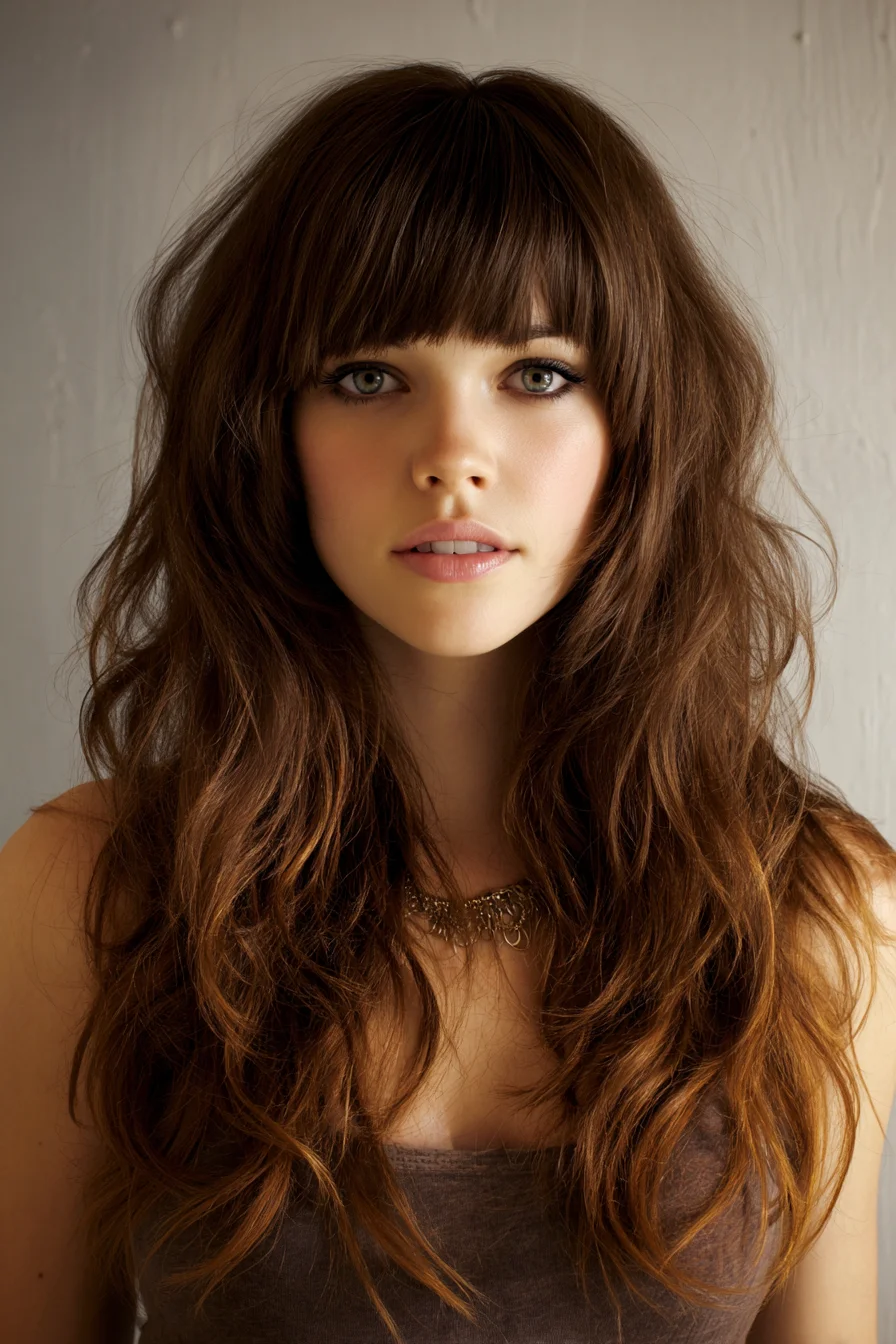 Long Textured Shag with Blunt Fringe — Wavy Layers & Face-Framing Bangs