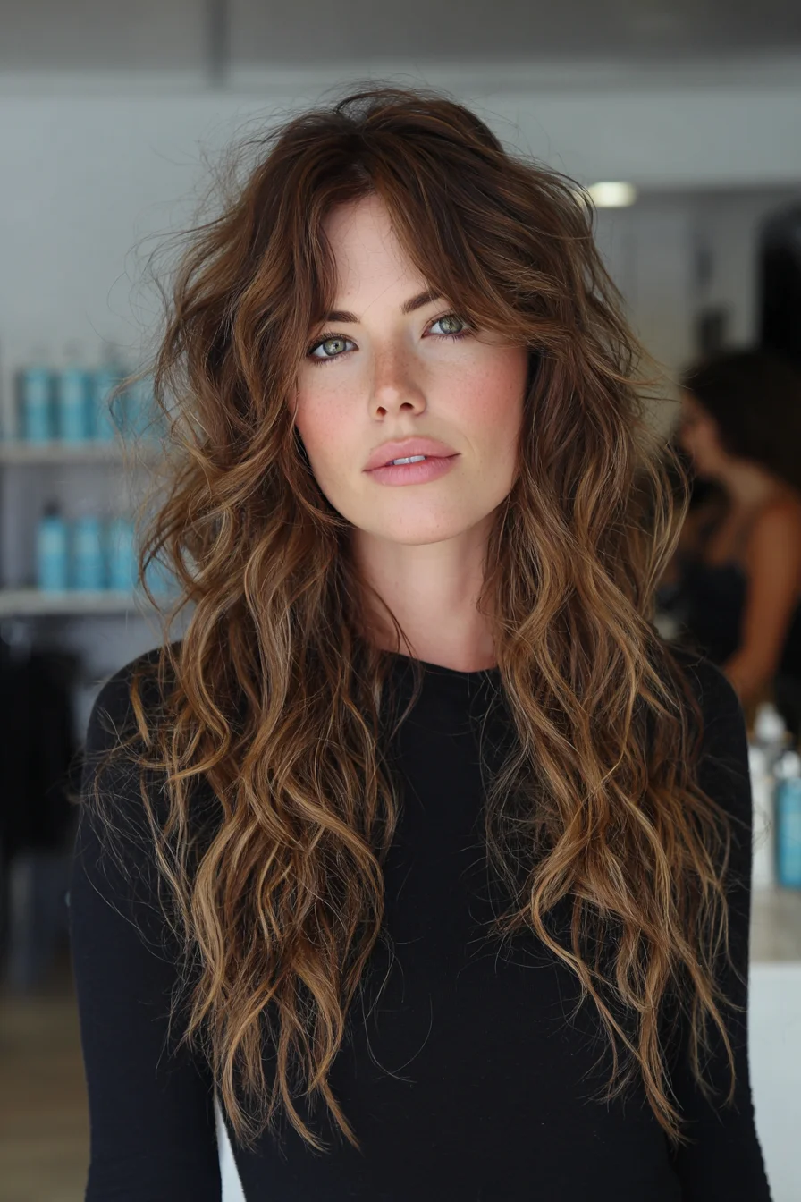 Long Textured Shag with Curtain Bangs and Beachy Waves