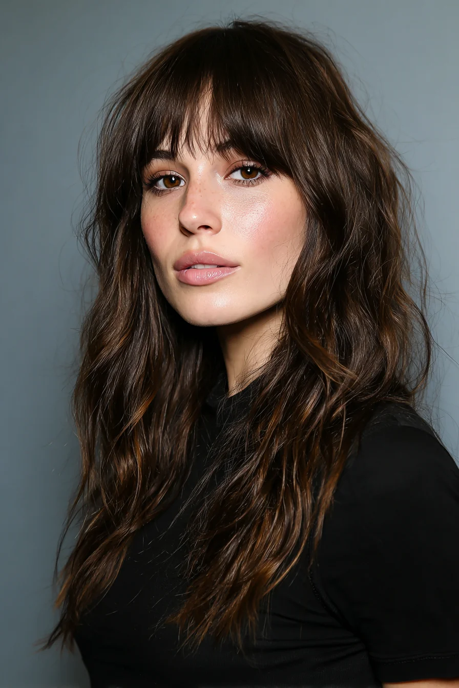 Long Textured Waves with Soft Curtain Bangs
