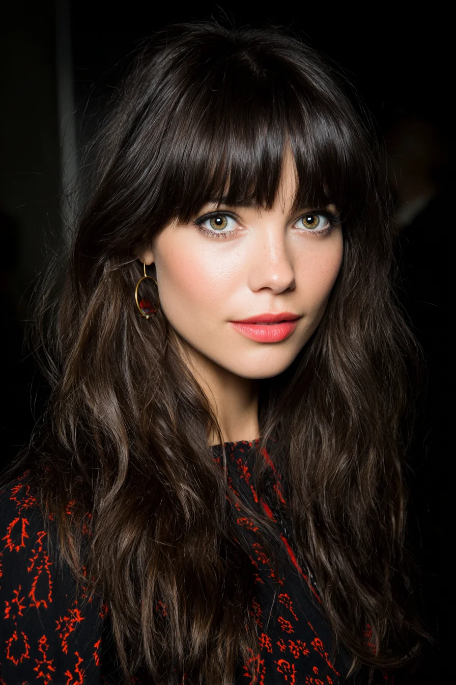 Long Tousled Waves with Blunt Fringe — Soft Layers for Medium to Thick Hair