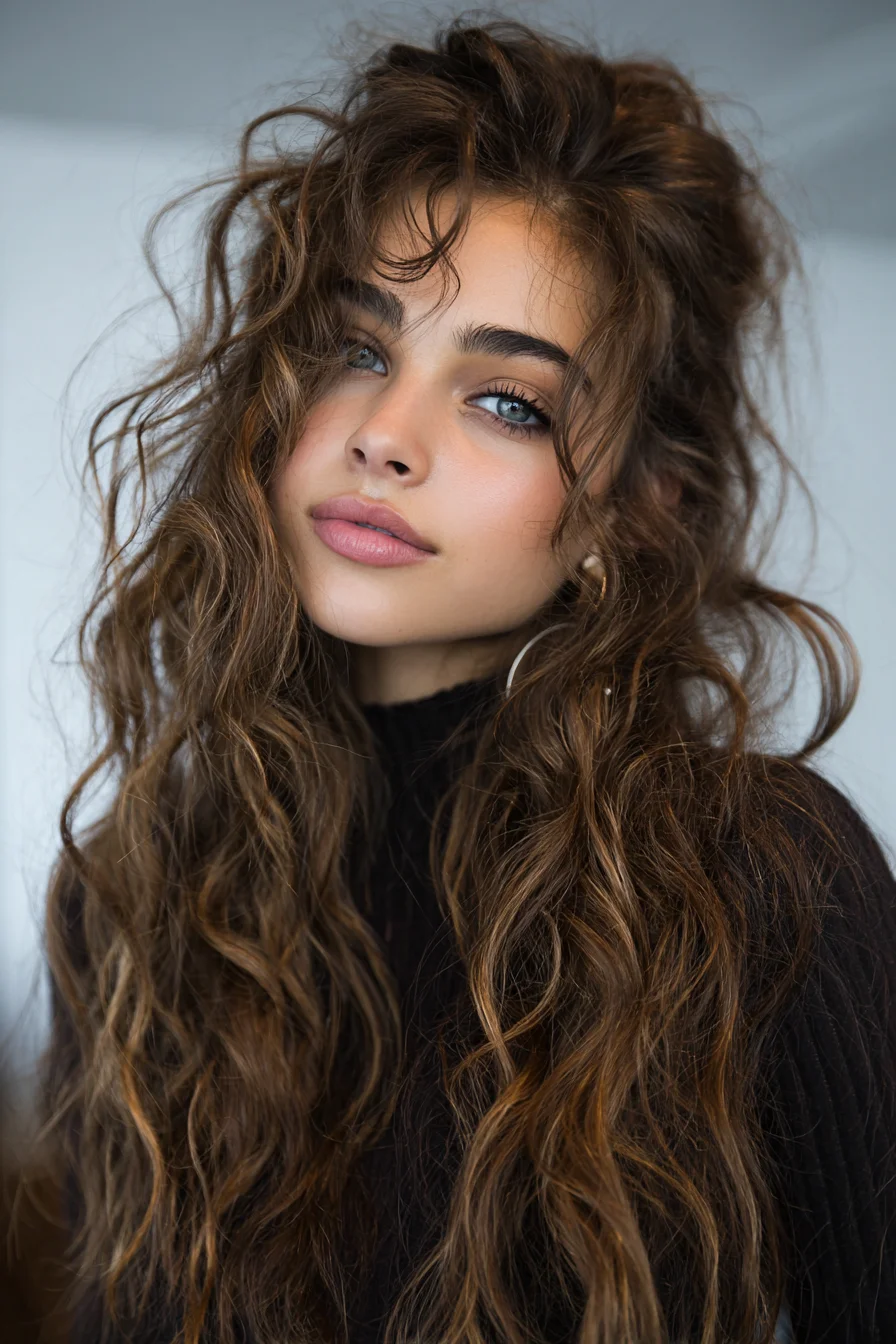 Long Tousled Waves with Face‑Framing Curtain Fringe and Textured Layers