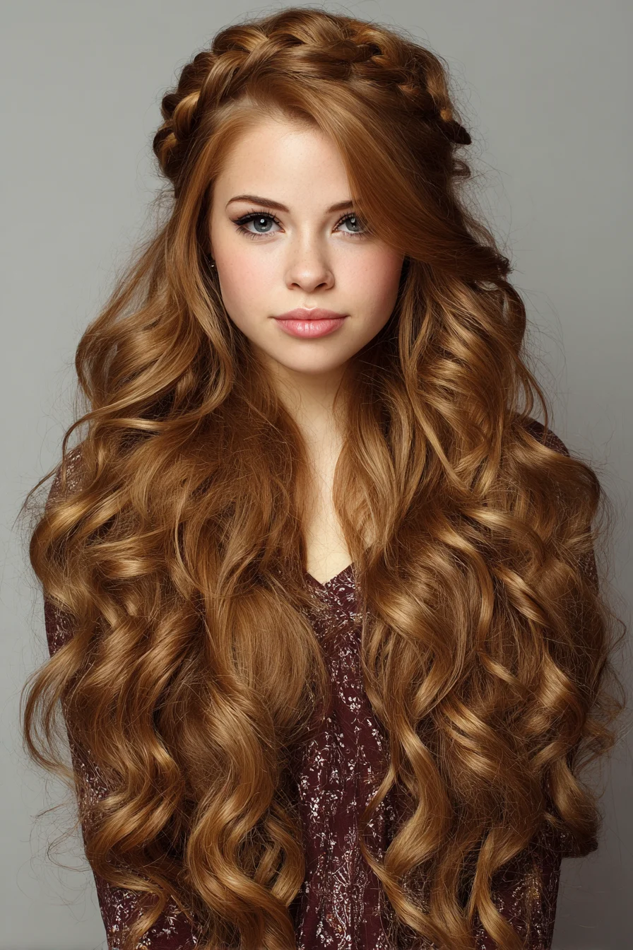 Long Voluminous Curls with Crown (Halo) Braid