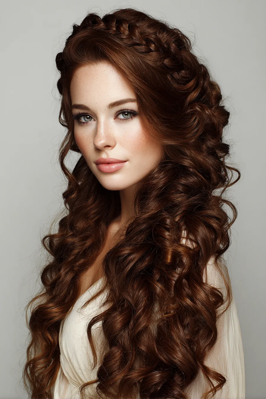 Long Voluminous Spiral Curls with Braided Crown (Halo Braid)