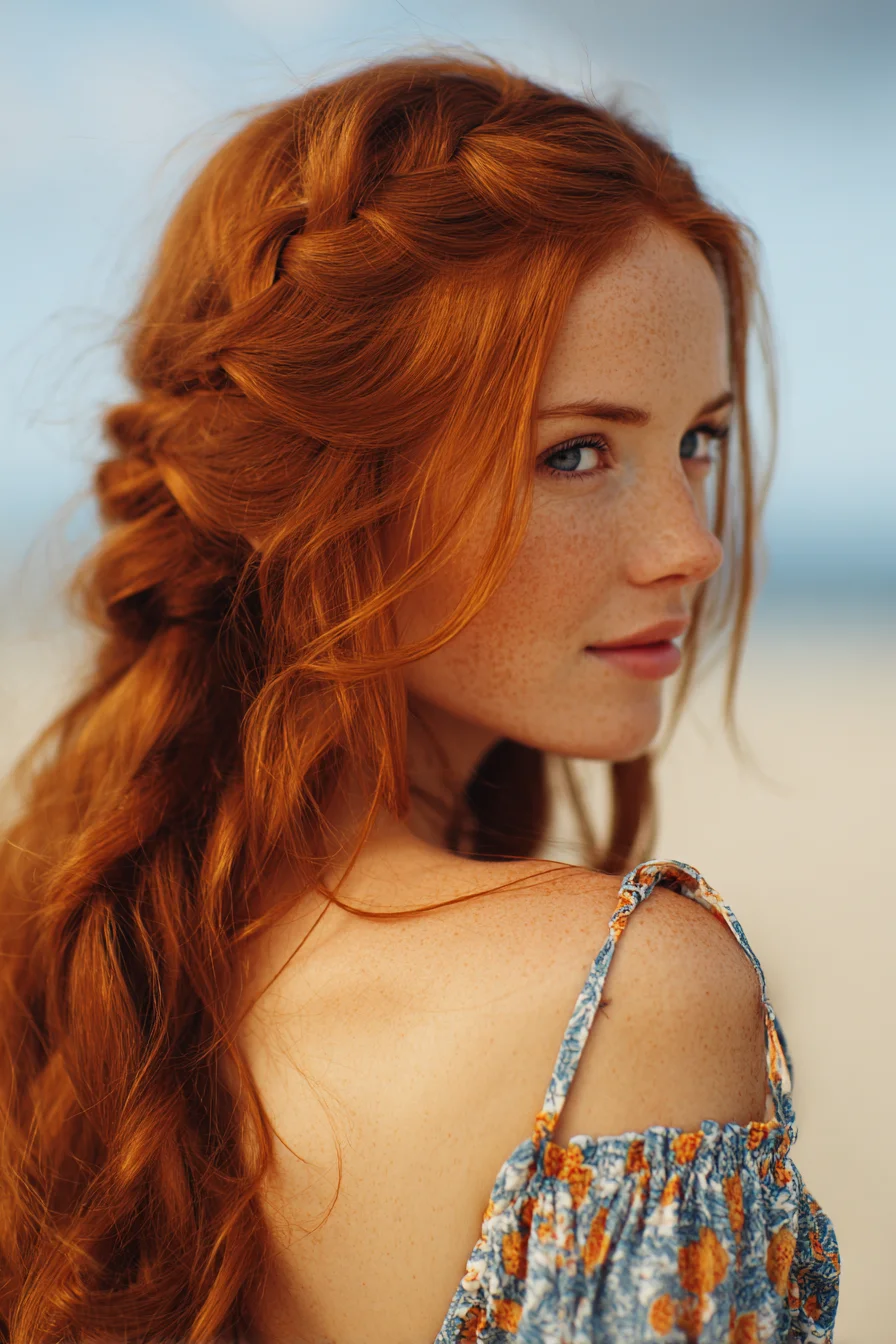 Loose Half-Up Braided Style with Beachy Waves and Face-Framing Tendrils