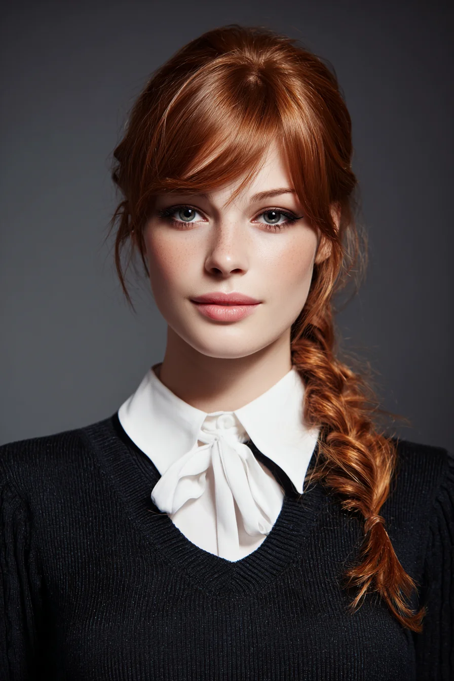 Loose Side Fishtail Braid with Soft Face‑Framing Bangs