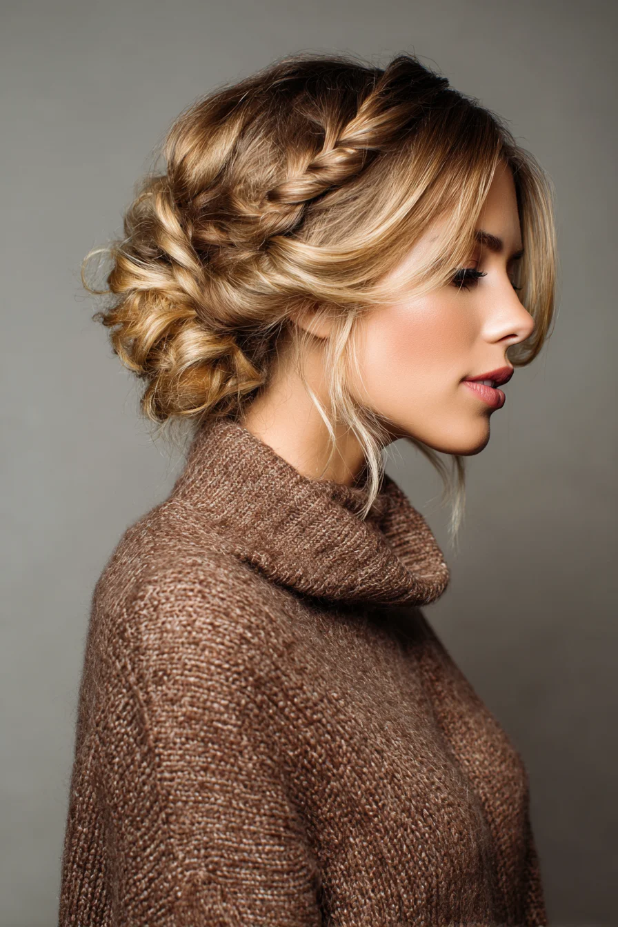 Loose Textured Braided Low Updo with Face‑Framing Tendrils