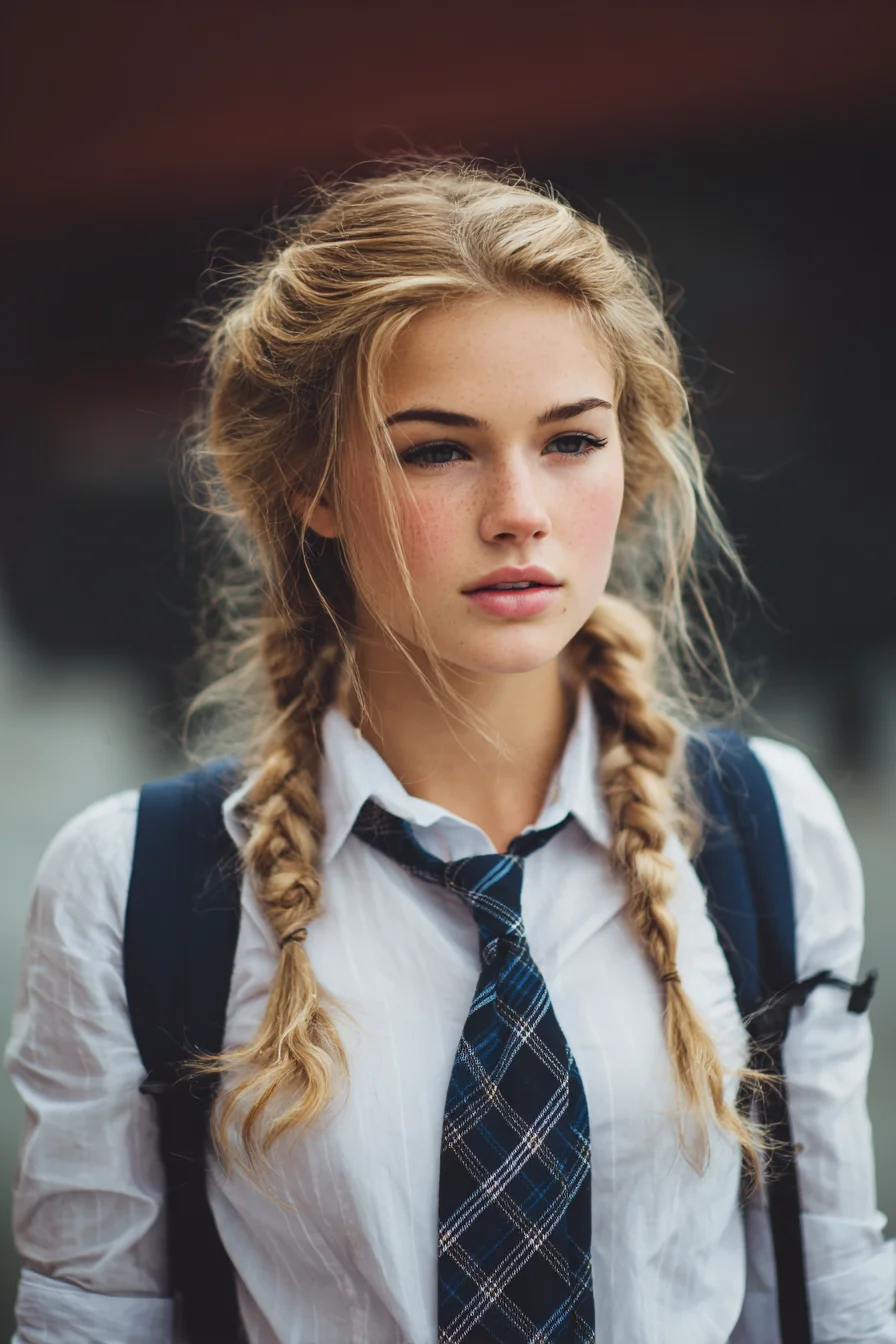 Loose Textured Double Braids with Face‑Framing Pieces