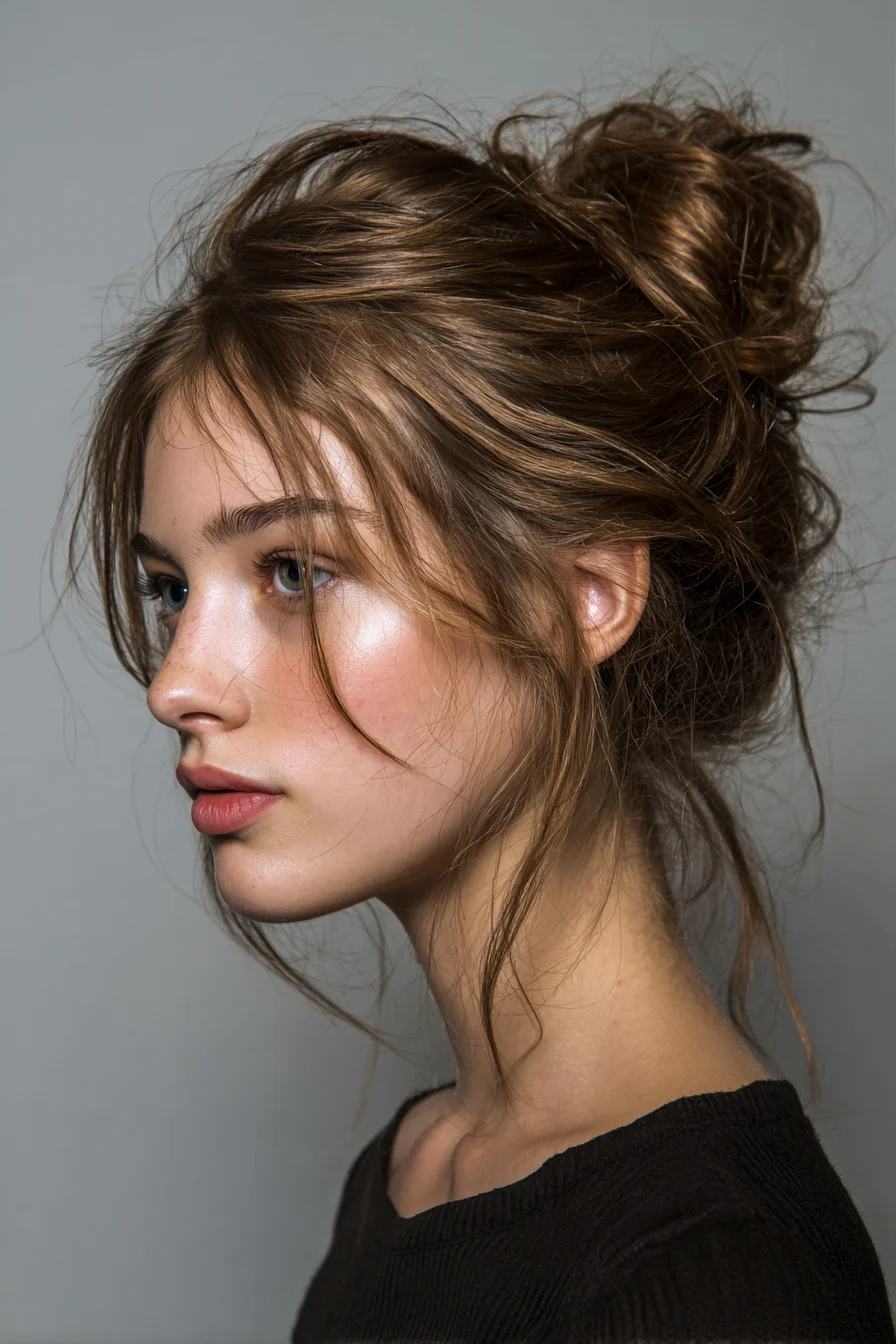 Loose Textured Messy Bun with Face‑Framing Wisps and Curtain Bangs