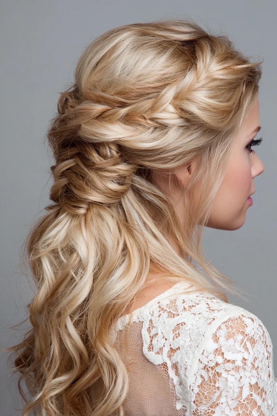 Loose Twisted Half-Up with Braided Detail for Long Wavy Hair