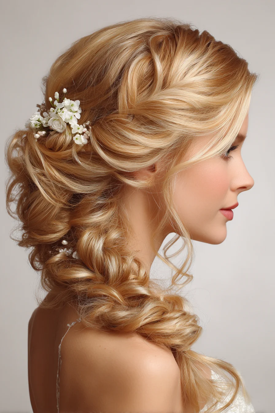 Loose Twisted Side Braid with Floral Accents — Textured Bridal Updo