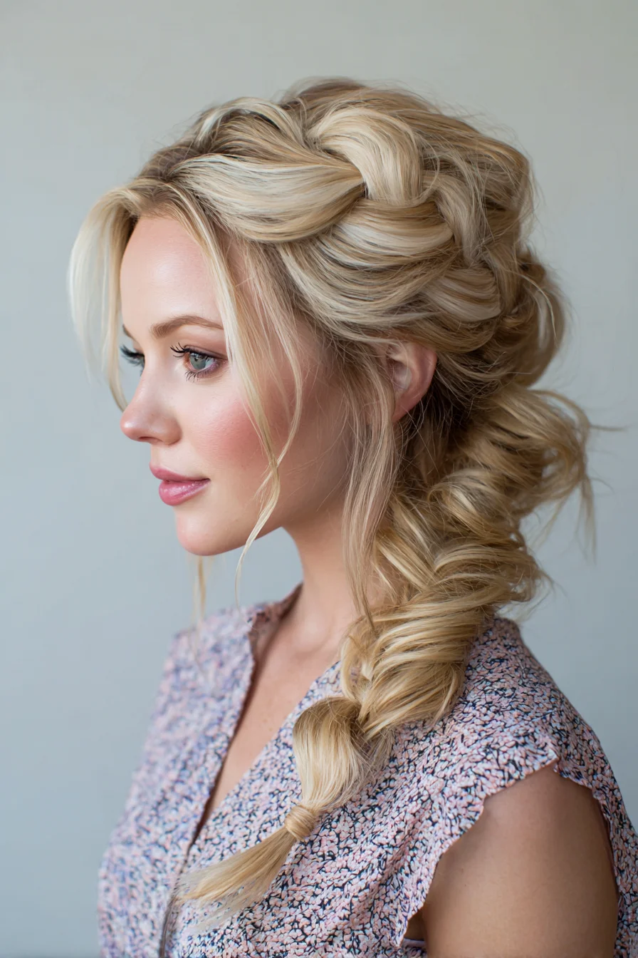 Loose Voluminous Side Fishtail Braid with Face‑Framing Tendrils