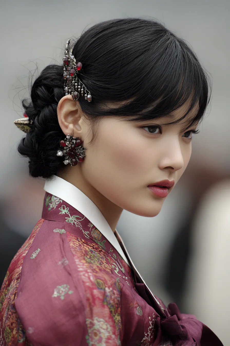 Low Braided Chignon with Side-Swept Bangs and Decorative Pins