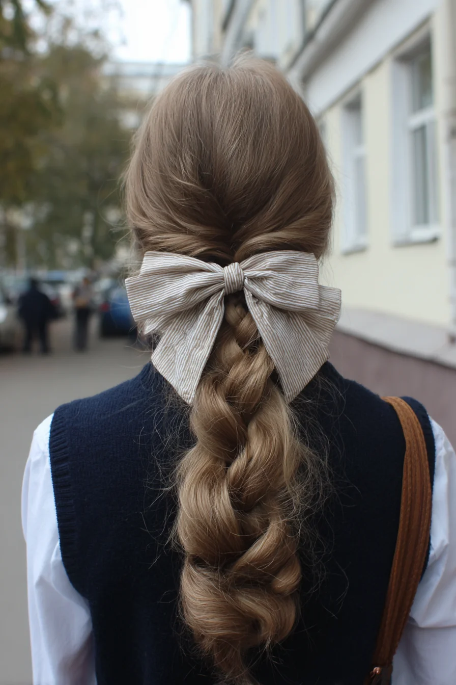 Low Pancaked Braid with Fabric Bow — Voluminous Loose Plait