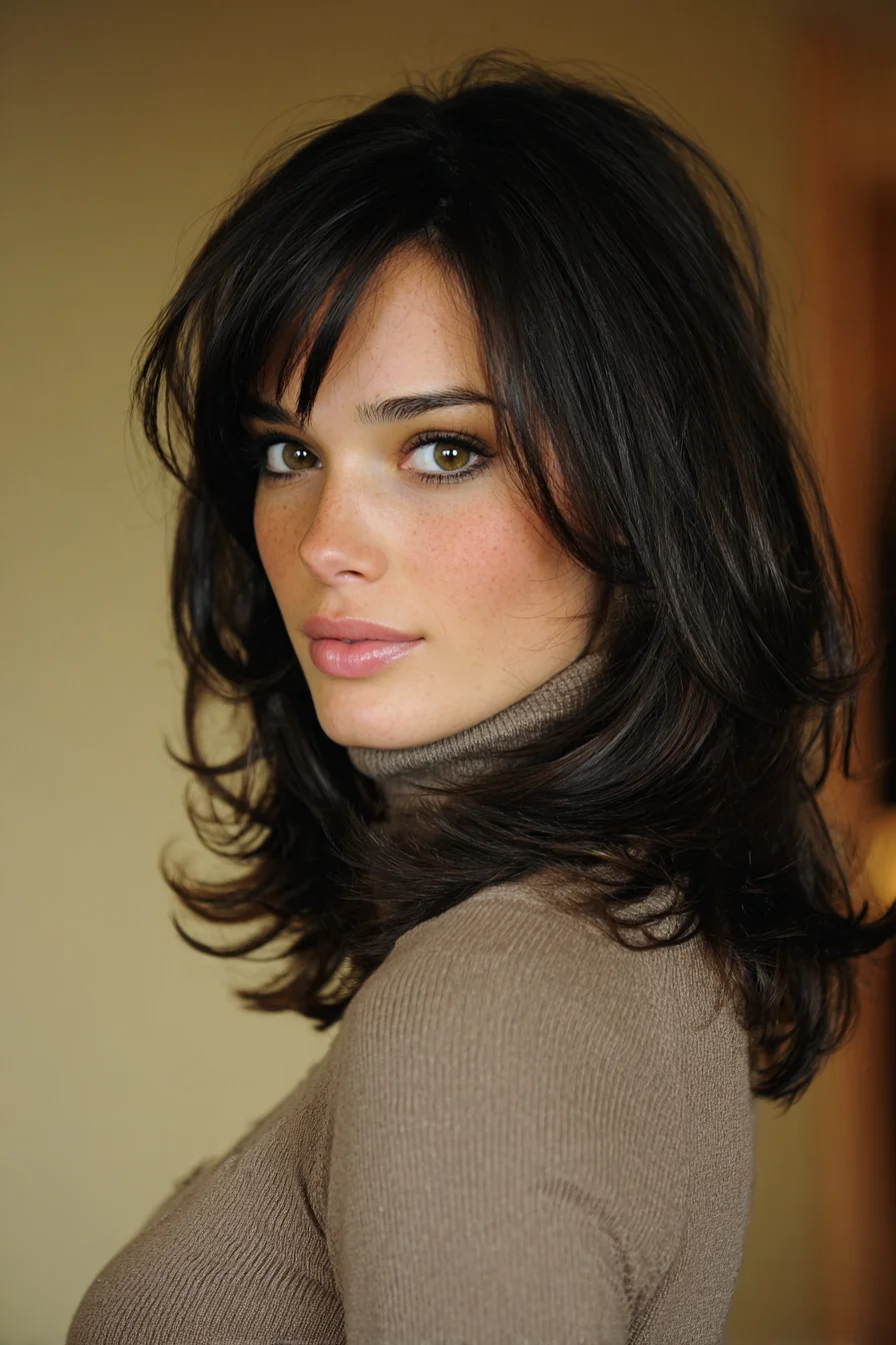 Medium Layered Cut with Face‑Framing Bangs and Feathered Blowout