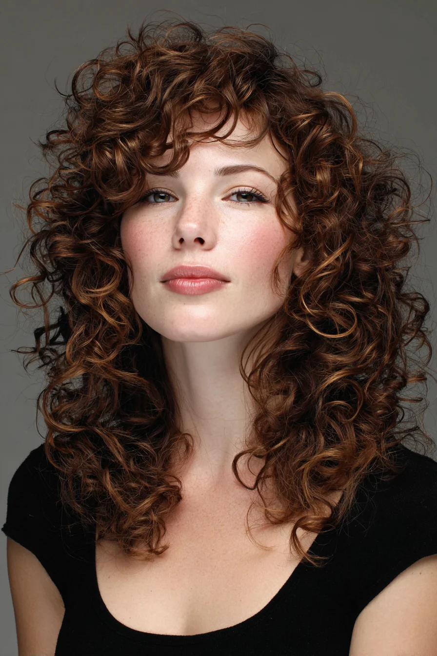 Medium Layered Spiral Curls with Face-Framing Bangs