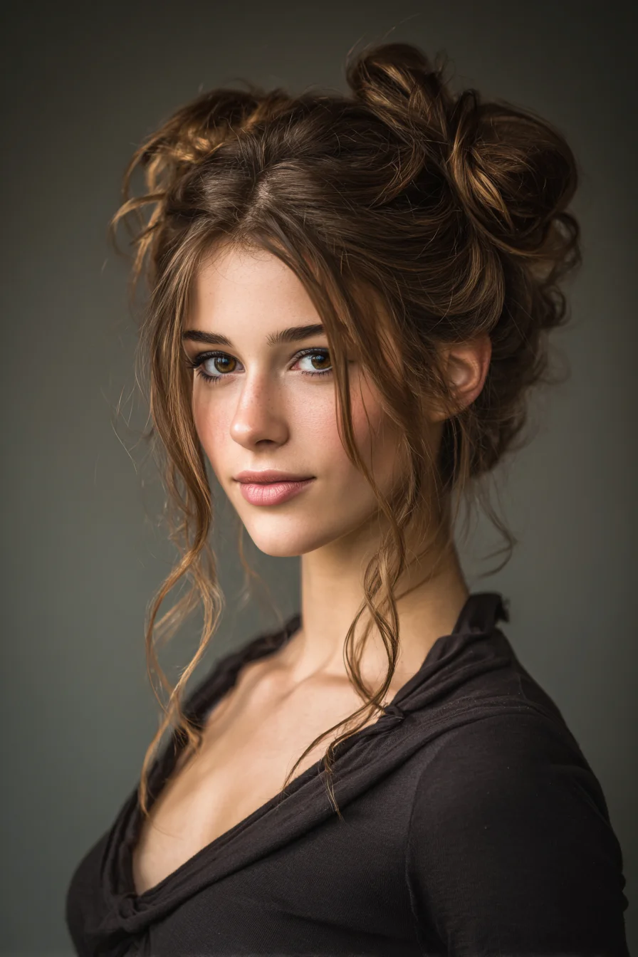Messy Double Bun Updo with Face‑Framing Tendrils — Textured Casual Updo