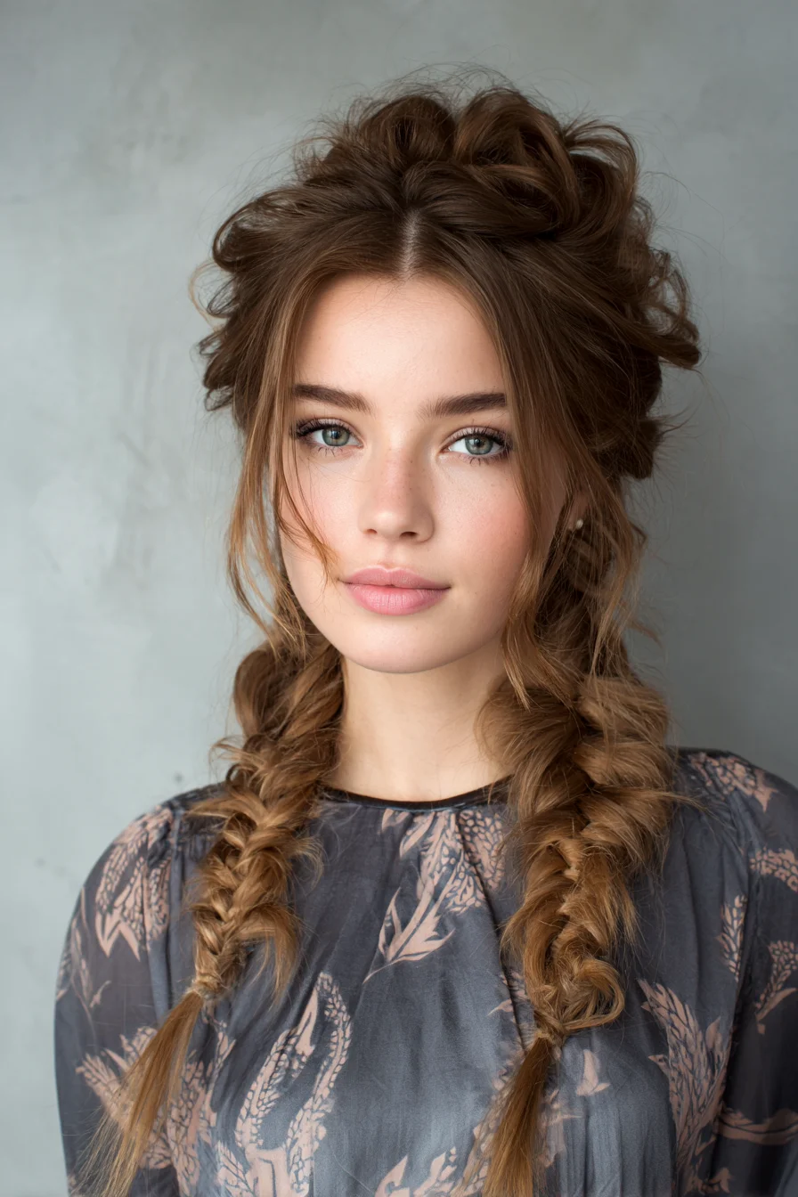 Messy Double Fishtail Braids with Voluminous Crown and Face‑Framing Tendrils