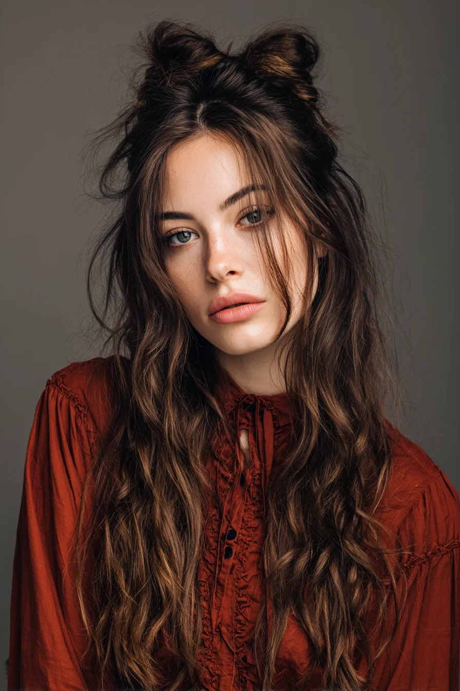 Messy Half-Up Double Knot with Textured Beachy Waves