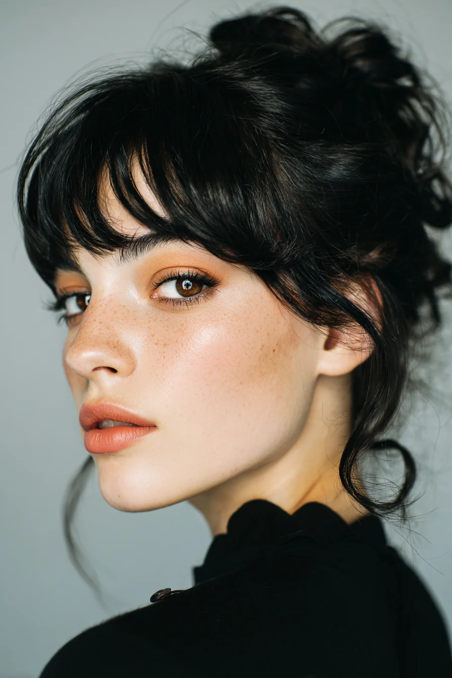 Messy High Bun with Curtain Bangs and Face‑Framing Tendrils