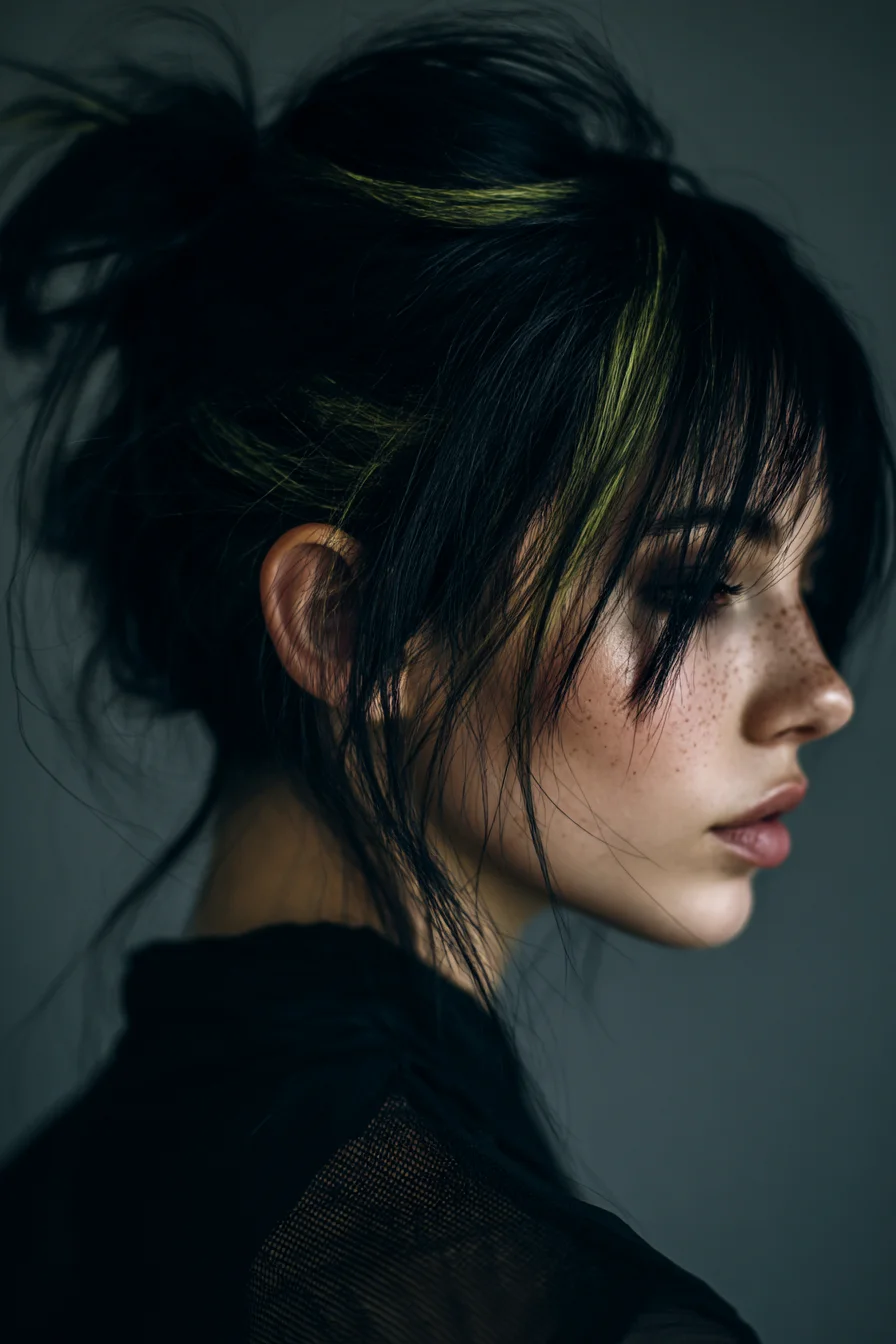 Messy High Bun with Wispy Bangs and Neon Green Face-Framing Highlights