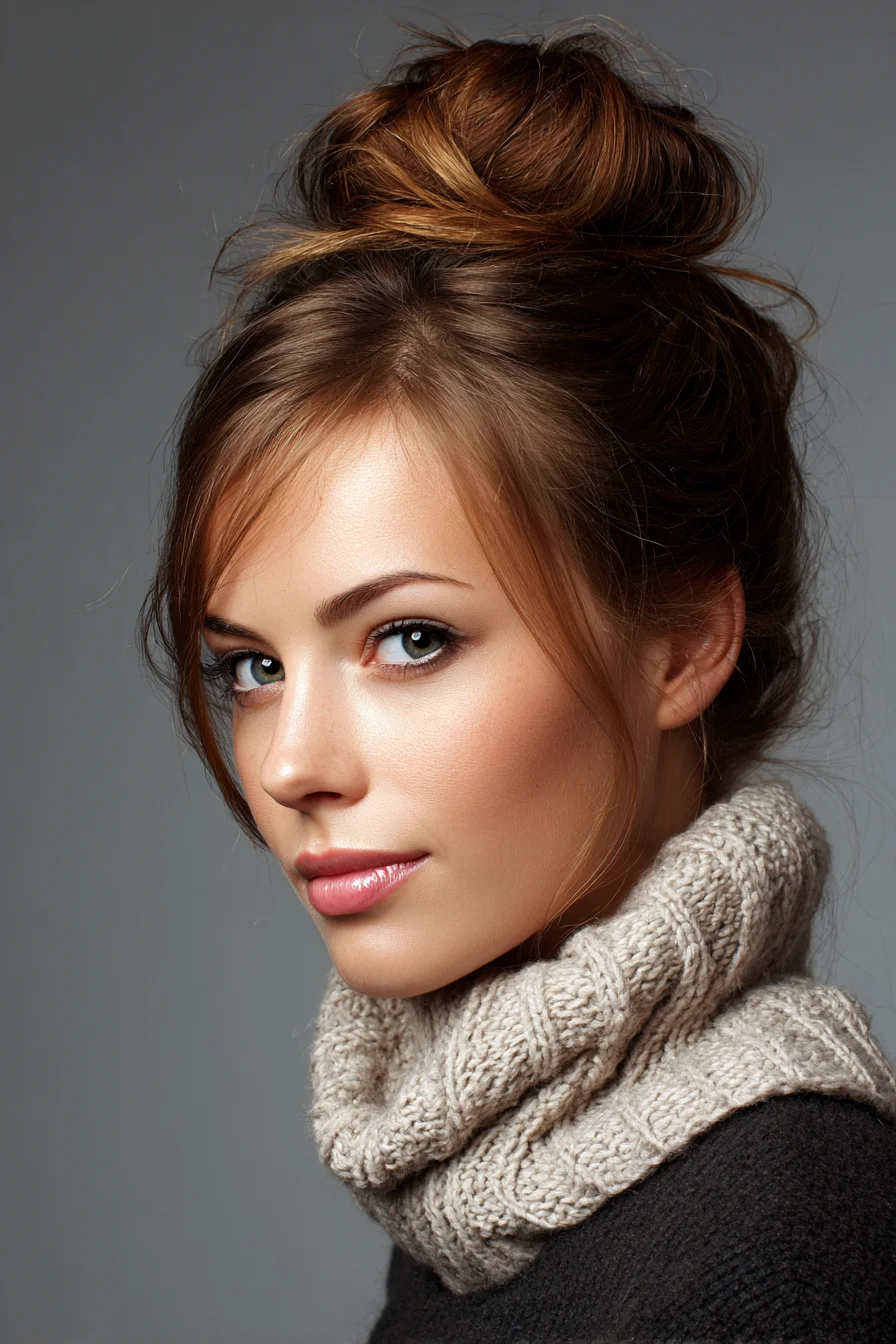 Messy High Top-Knot Bun with Face‑Framing Tendrils