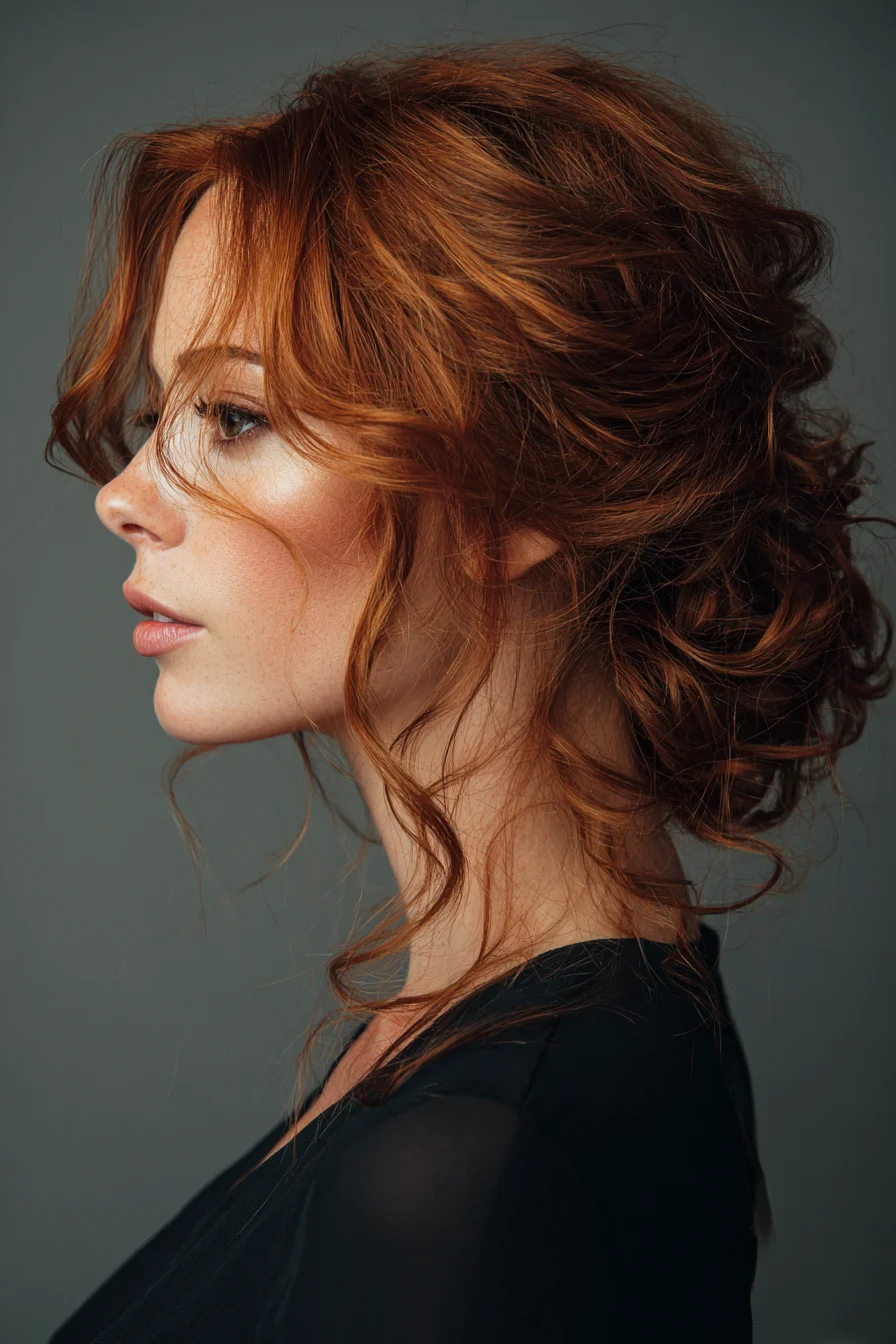 Messy Romantic Low Updo with Face‑Framing Tendrils for Wavy or Curly Hair