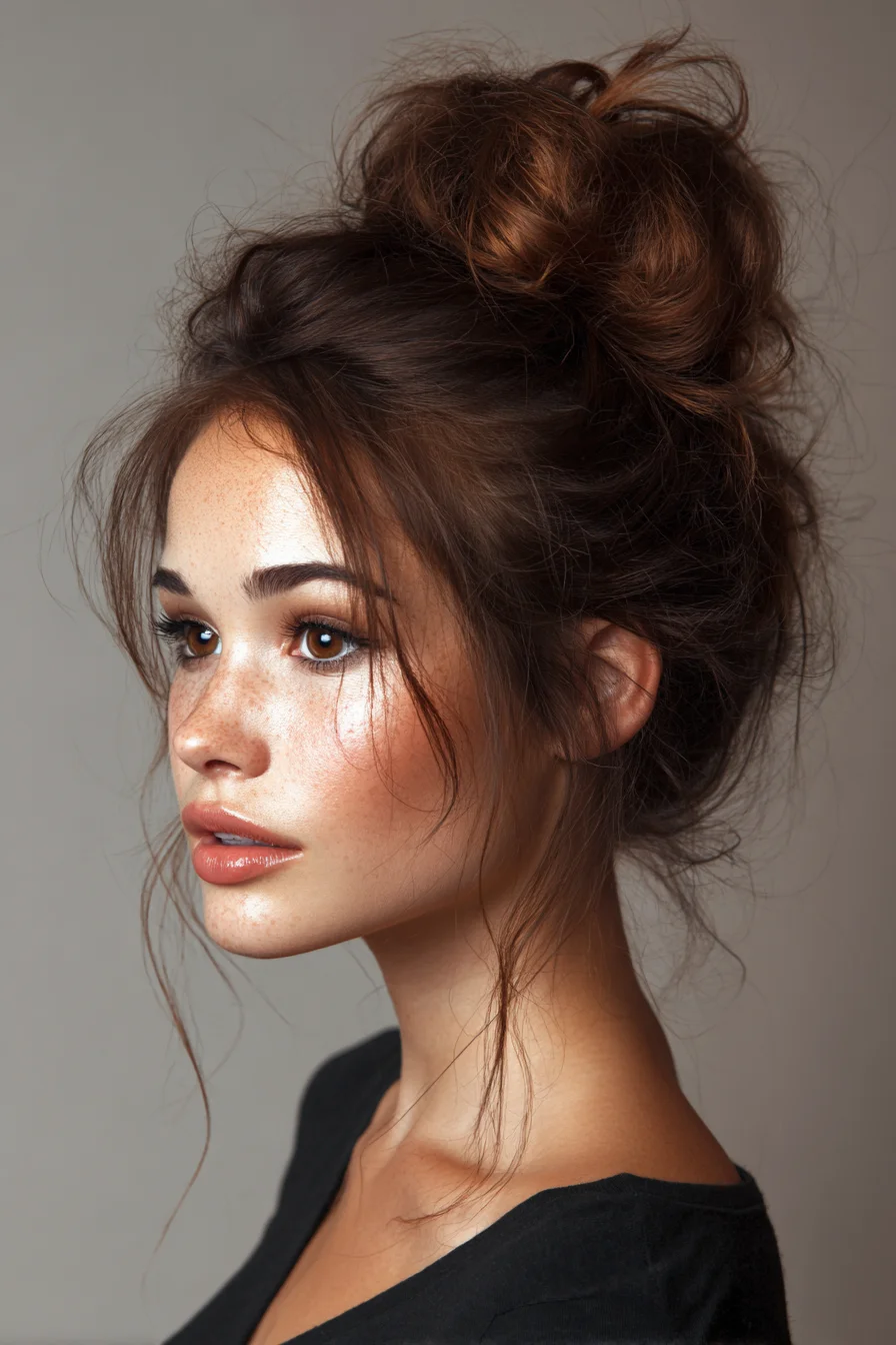 Messy Textured High Bun with Face‑Framing Tendrils
