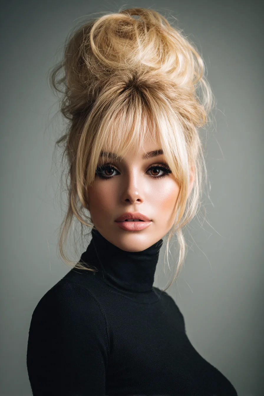 Messy Voluminous High Bun with Curtain Bangs