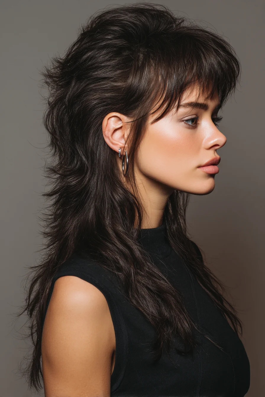 Modern Shag Mullet with Textured Layers and Short Fringe