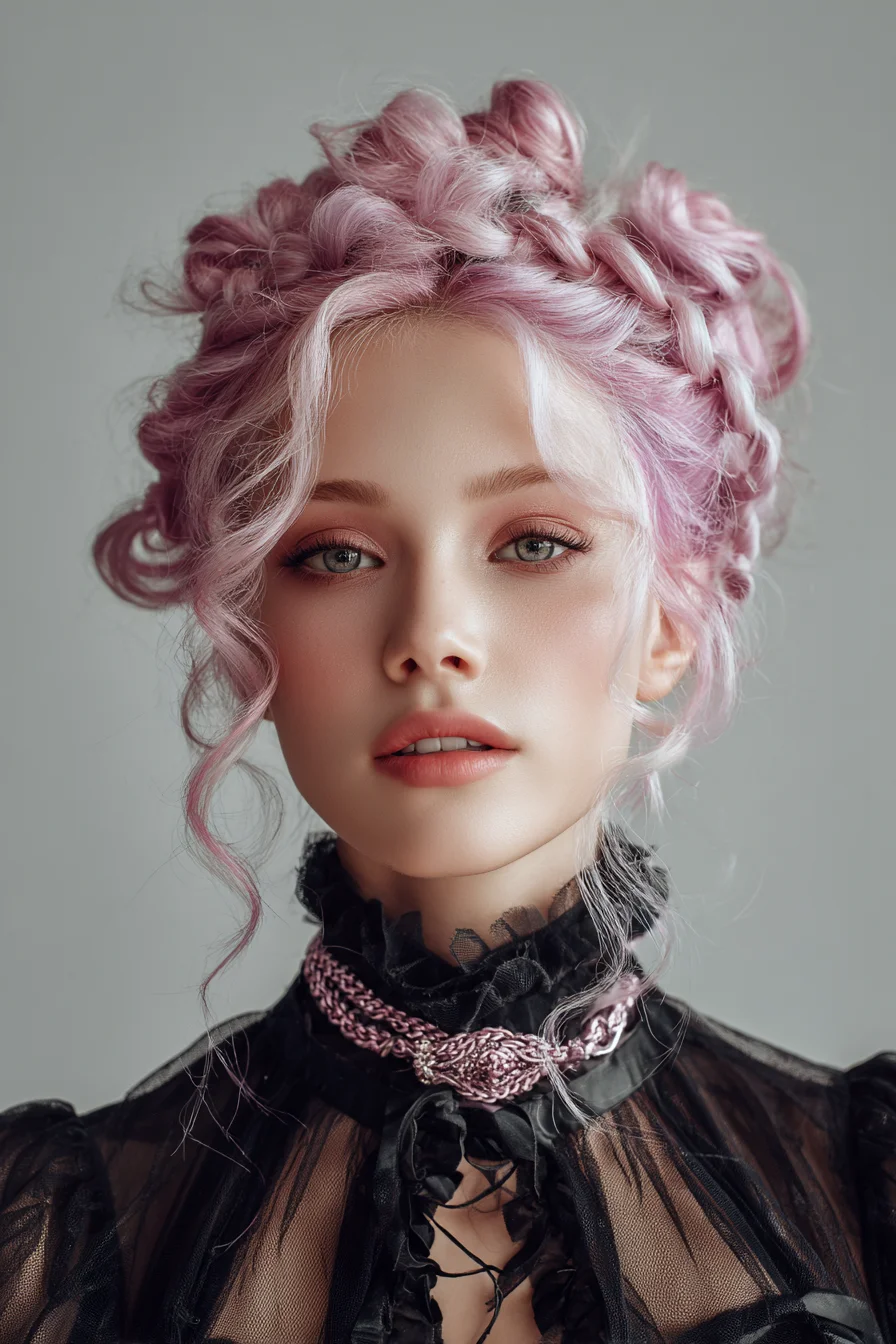 Pastel Pink Braided Crown Updo with Soft Face‑Framing Tendrils
