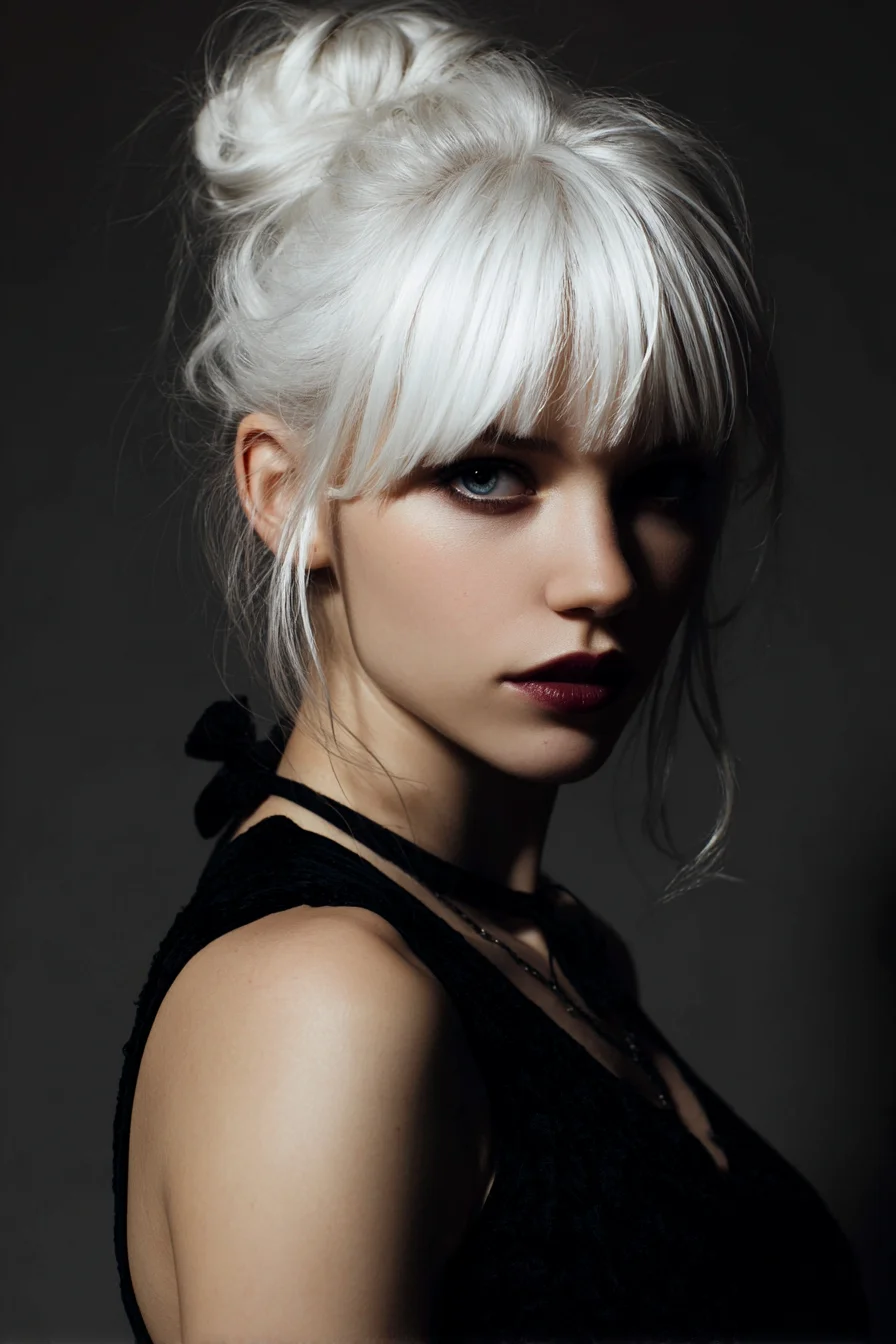 Platinum High Messy Bun with Blunt Fringe and Face‑Framing Strands