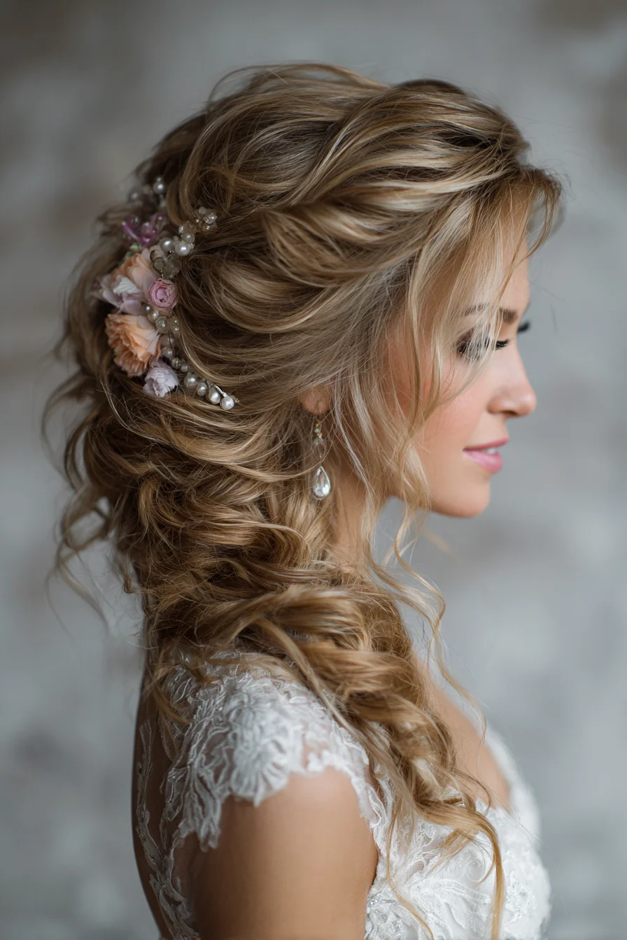 Romantic Half-Up Curled Bridal Hairstyle with Floral & Pearl Accents
